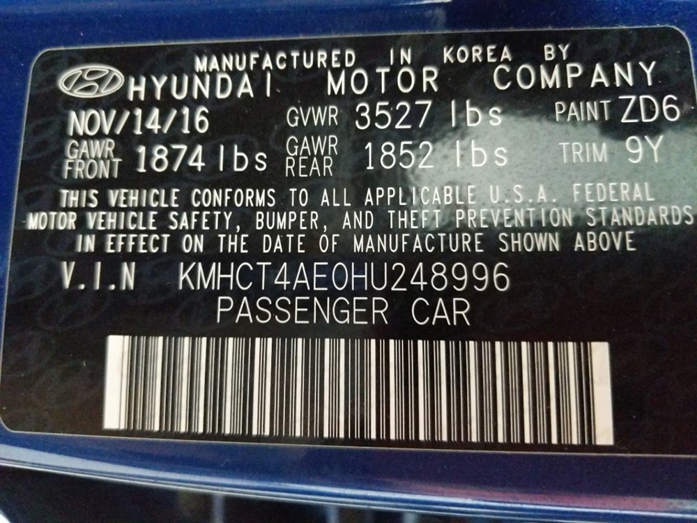 2017 Hyundai Accent - VIN Plate