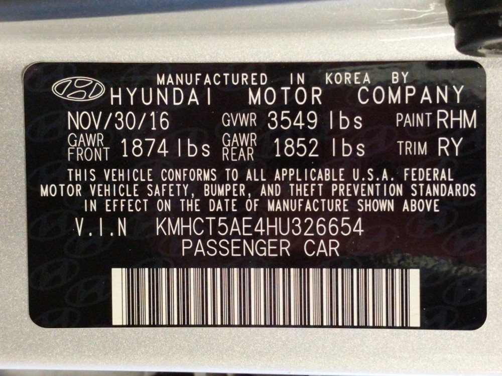 2017 Hyundai Accent - VIN Plate
