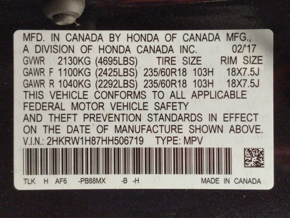 2017 Honda CR-V - VIN Plate