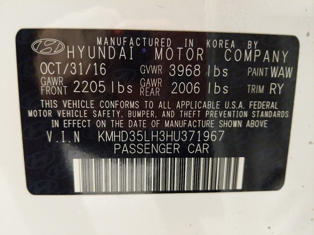 2017 Hyundai Elantra - VIN Plate