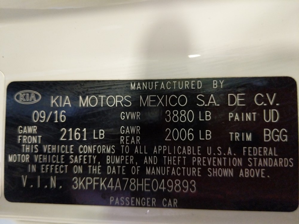 2017 Kia Forte - VIN Plate