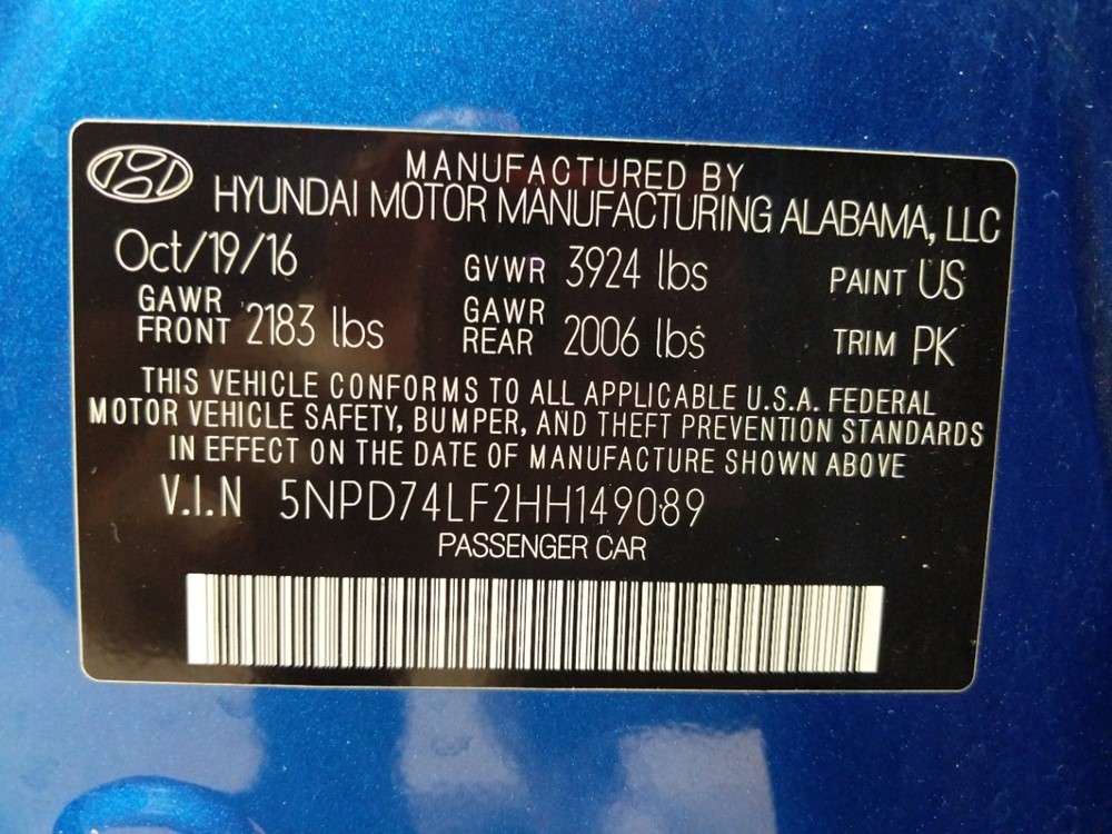 2017 Hyundai Elantra - VIN Plate