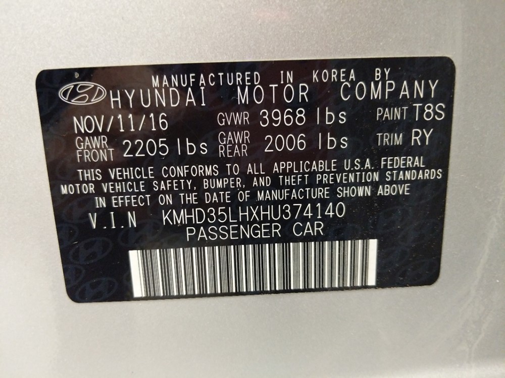 2017 Hyundai Elantra - VIN Plate