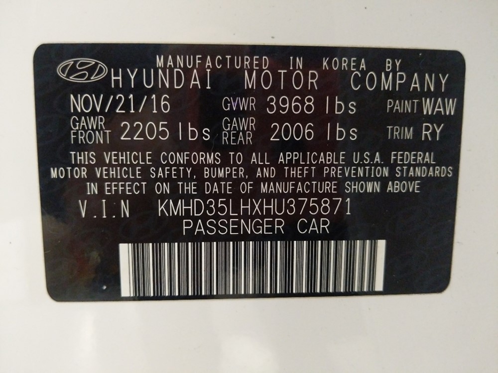 2017 Hyundai Elantra - VIN Plate