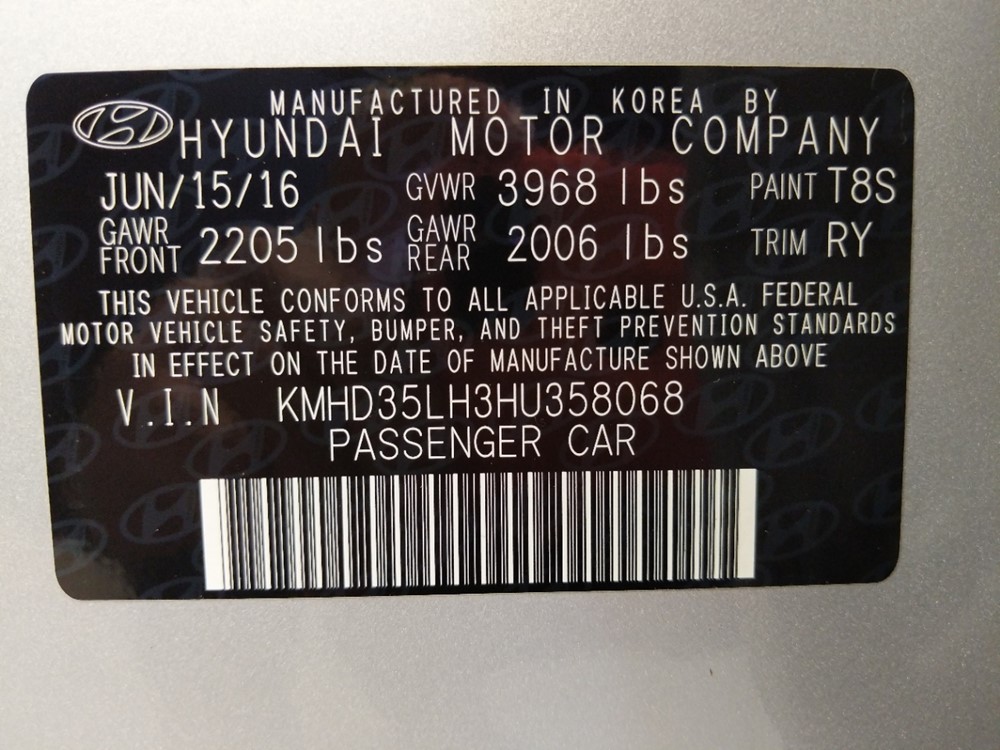 2017 Hyundai Elantra - VIN Plate