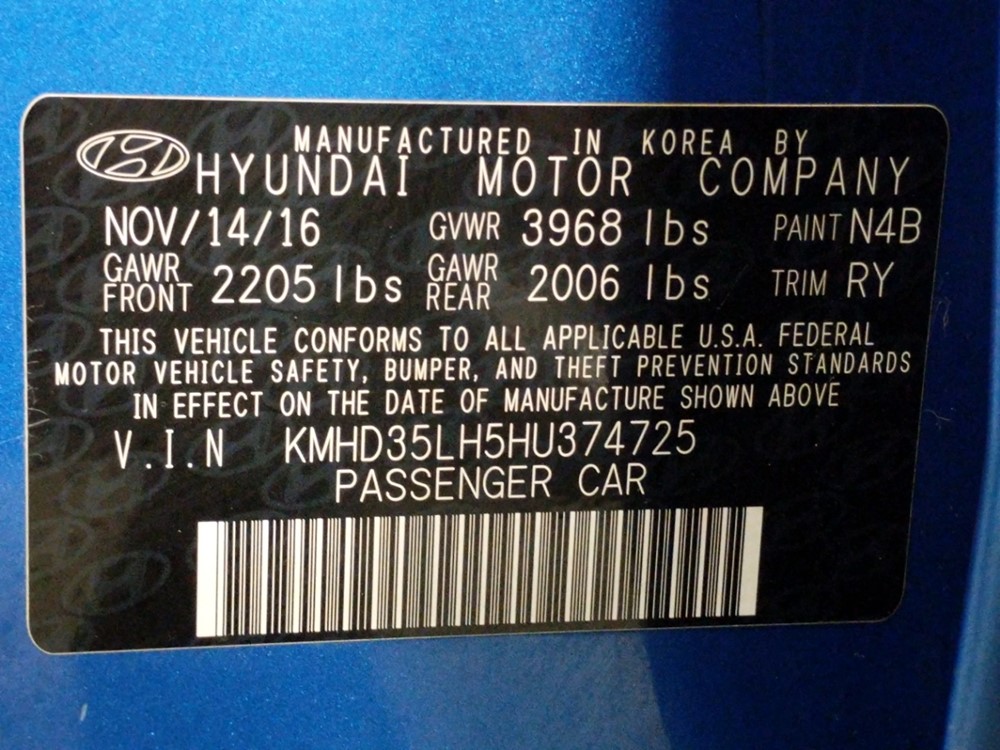 2017 Hyundai Elantra - VIN Plate