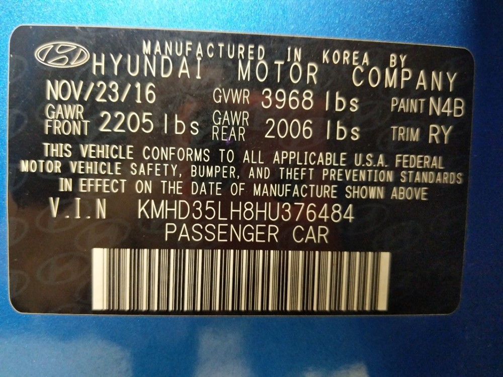 2017 Hyundai Elantra - VIN Plate