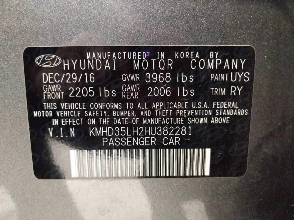 2017 Hyundai Elantra - VIN Plate