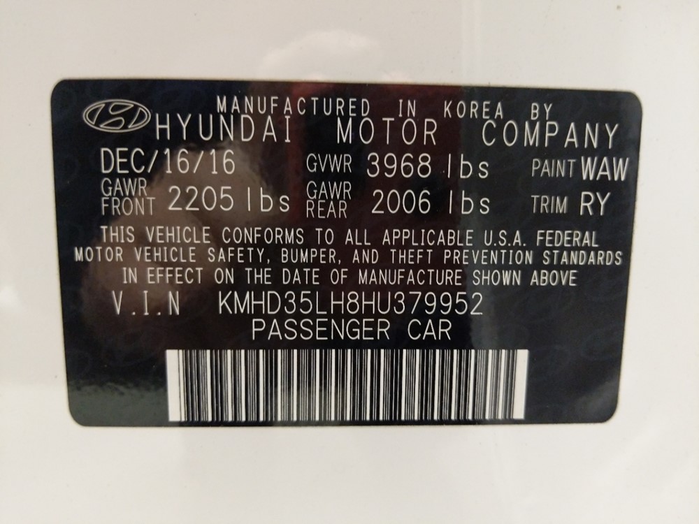 2017 Hyundai Elantra - VIN Plate