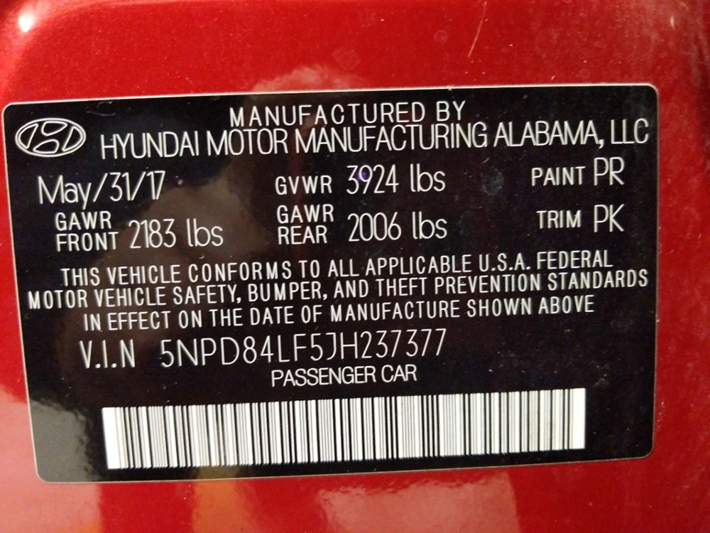 2018 Hyundai Elantra - VIN Plate