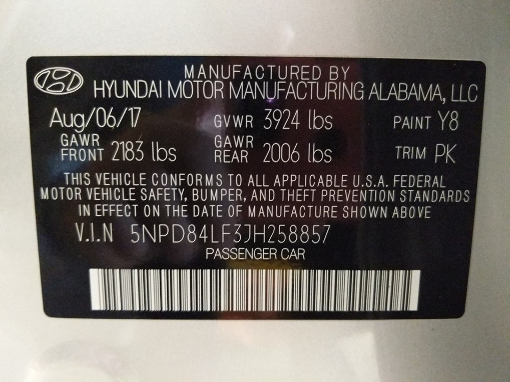 2018 Hyundai Elantra - VIN Plate