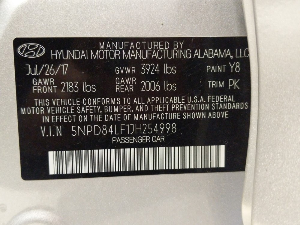 2018 Hyundai Elantra - VIN Plate