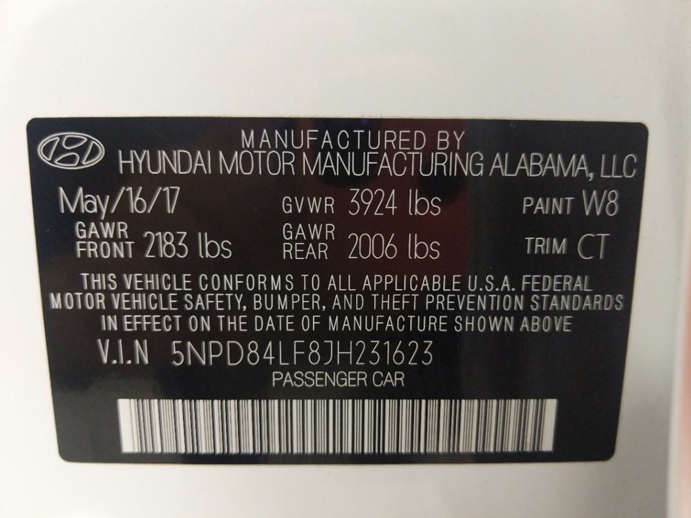 2018 Hyundai Elantra - VIN Plate