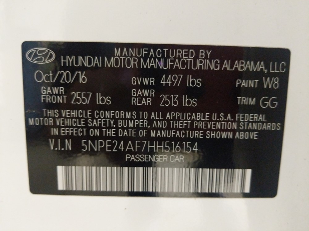 2017 Hyundai Sonata - VIN Plate