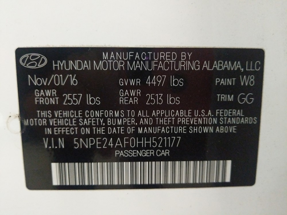 2017 Hyundai Sonata - VIN Plate