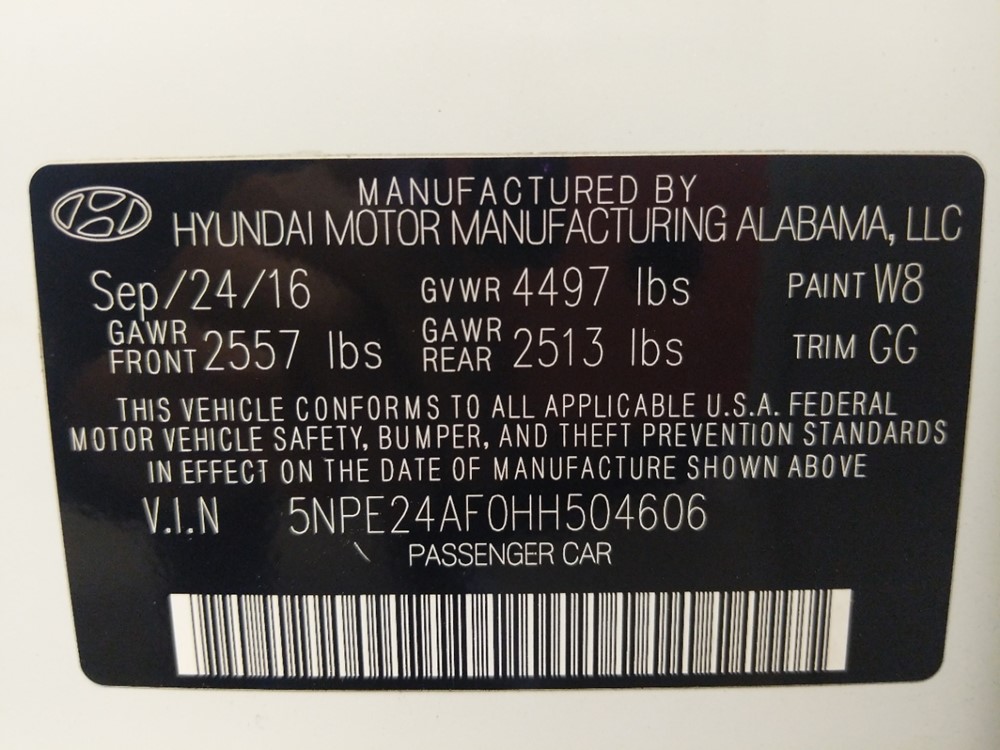 2017 Hyundai Sonata - VIN Plate
