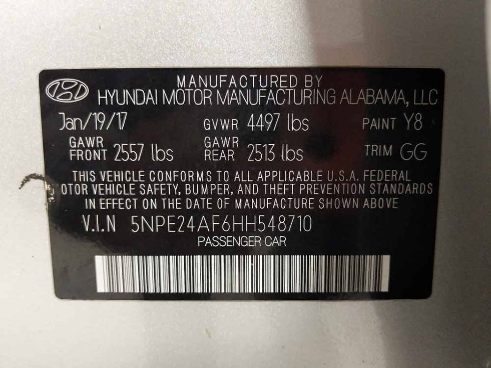 2017 Hyundai Sonata - VIN Plate
