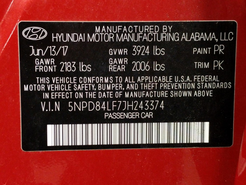 2018 Hyundai Elantra - VIN Plate