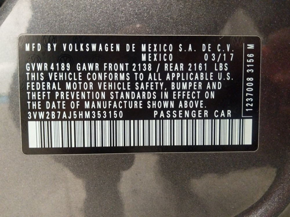 2017 Volkswagen Jetta - VIN Plate