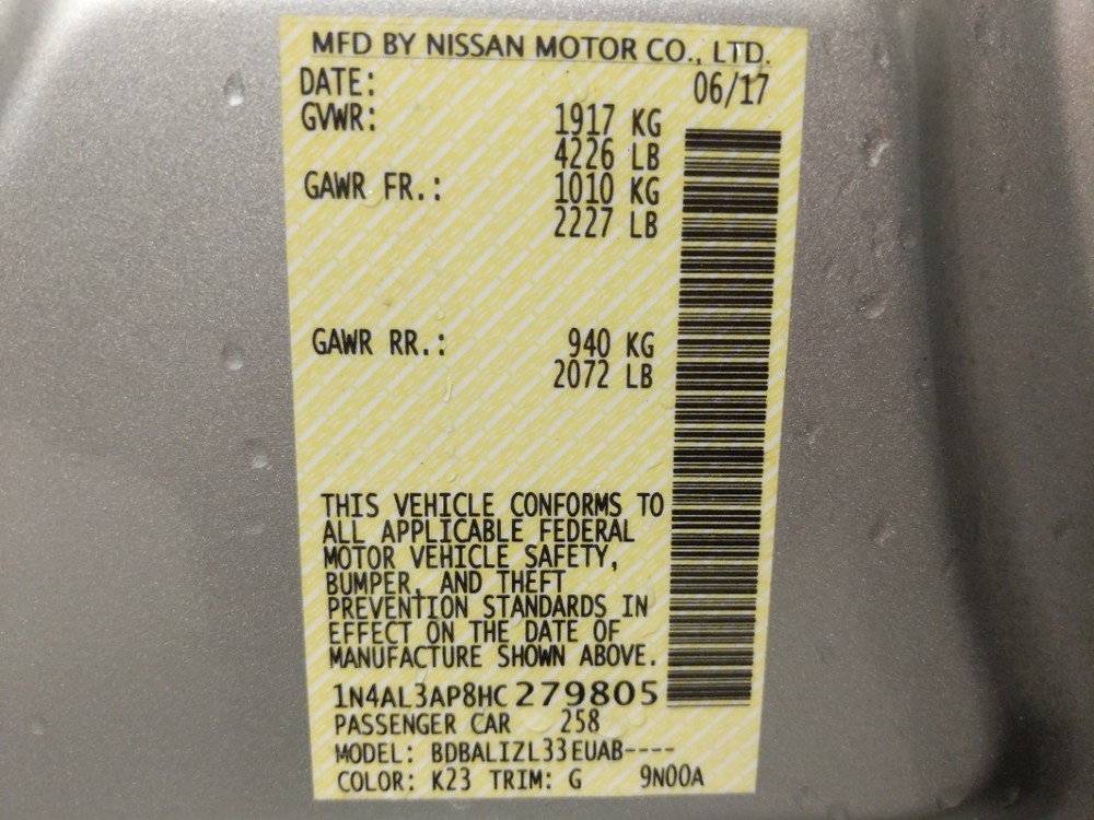 2017 Nissan Altima - VIN Plate