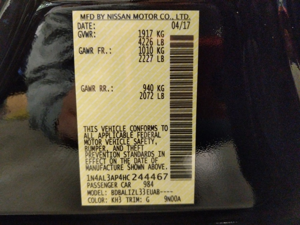 2017 Nissan Altima - VIN Plate