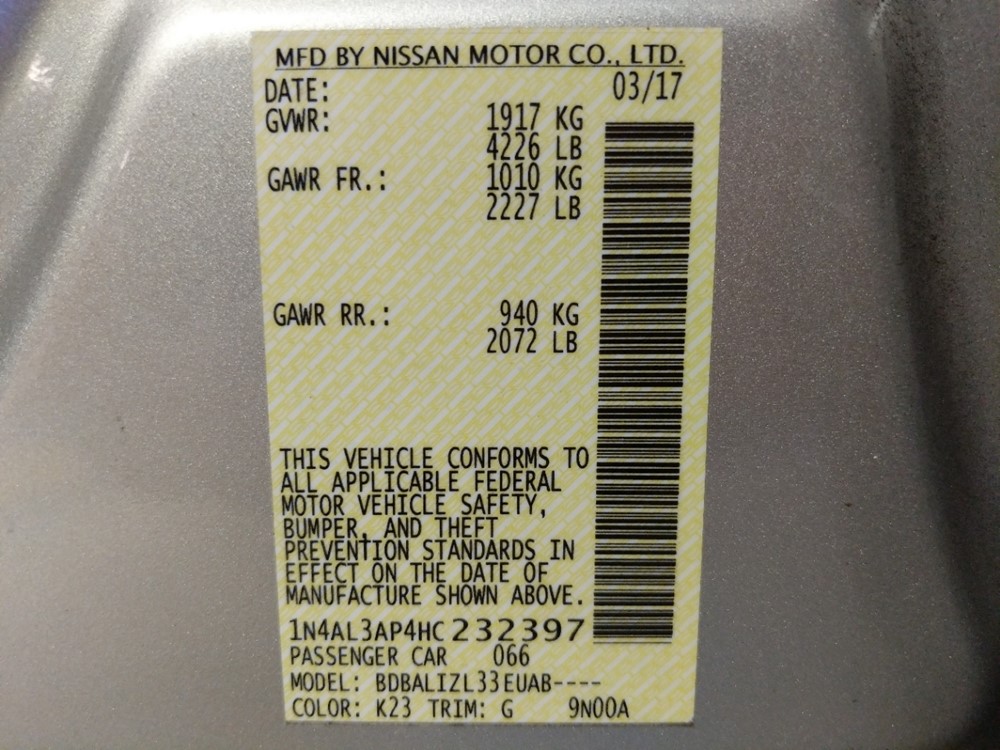 2017 Nissan Altima - VIN Plate