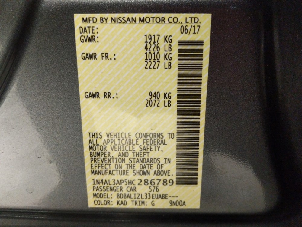 2017 Nissan Altima - VIN Plate