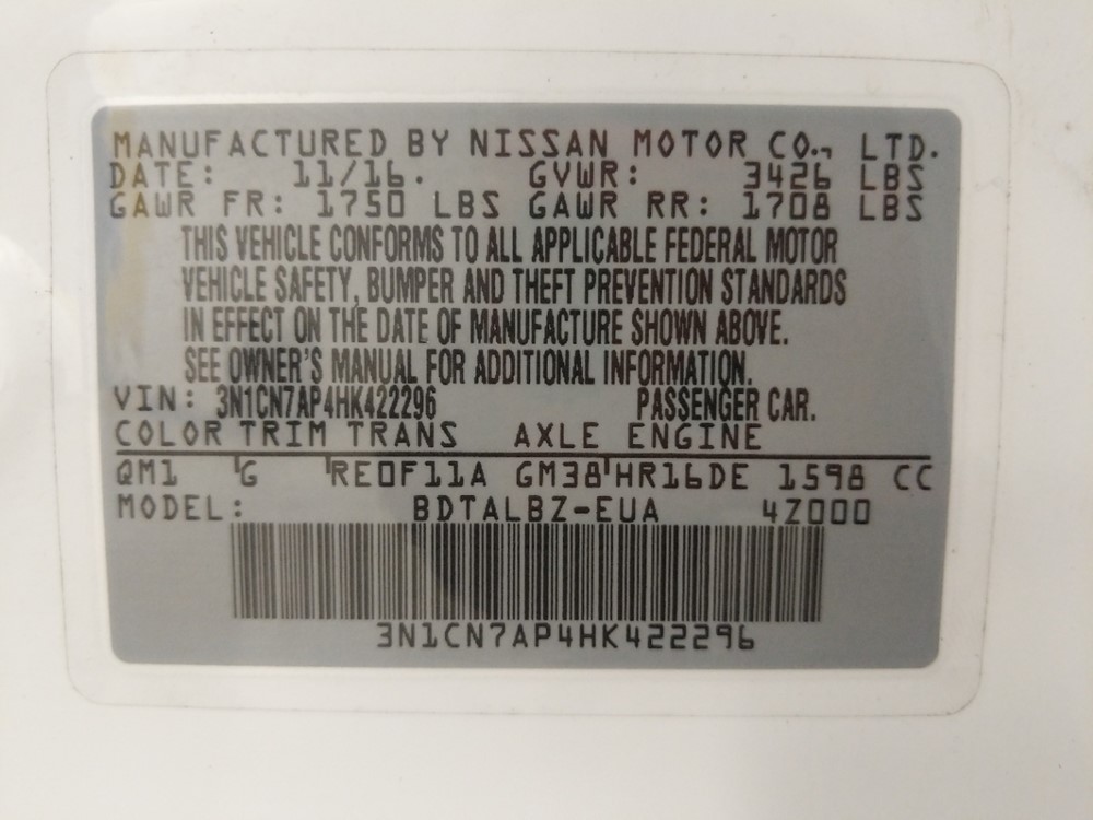 2017 Nissan Versa - VIN Plate