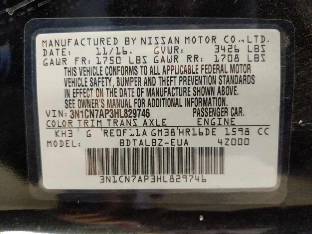 2017 Nissan Versa - VIN Plate