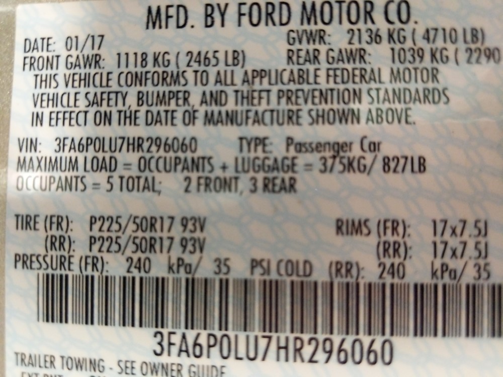 2017 Ford Fusion - VIN Plate