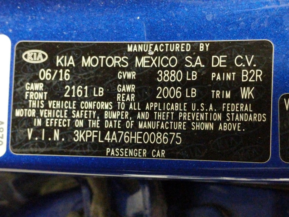 2017 Kia Forte - VIN Plate