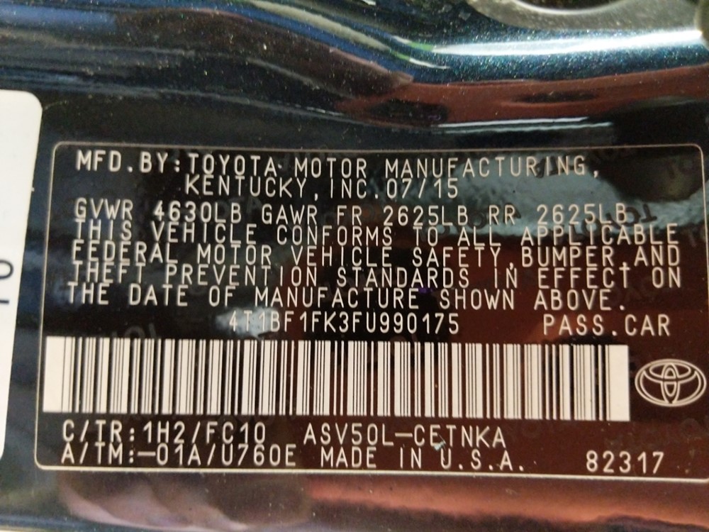 2015 Toyota Camry - VIN Plate
