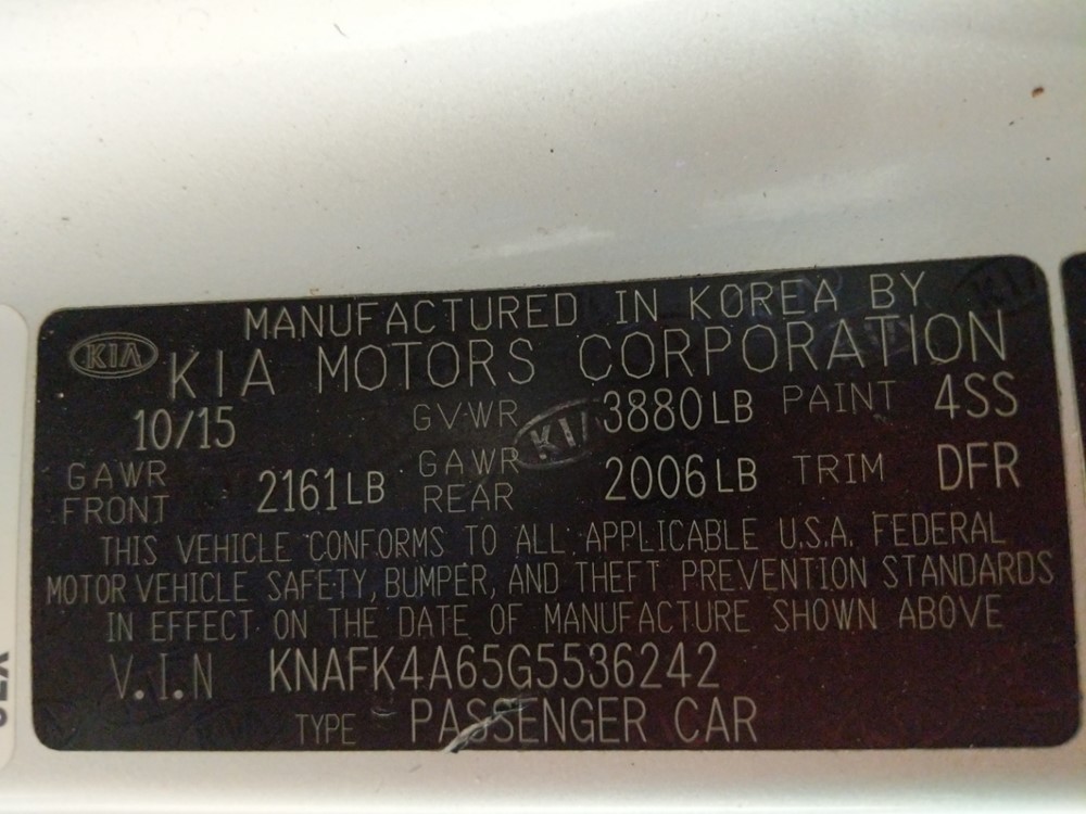 2016 Kia Forte - VIN Plate