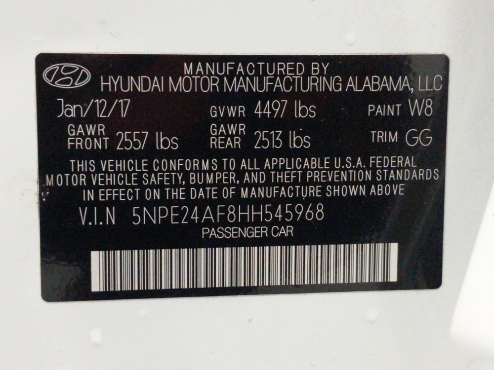 2017 Hyundai Sonata - VIN Plate