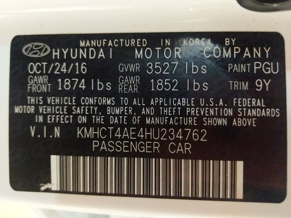 2017 Hyundai Accent - VIN Plate
