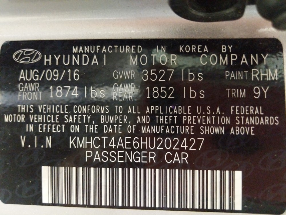 2017 Hyundai Accent - VIN Plate