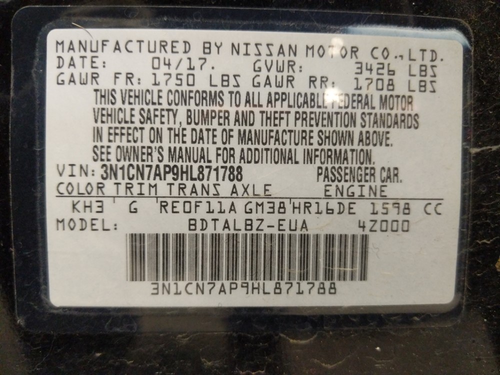 2017 Nissan Versa - VIN Plate