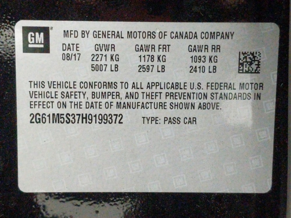 2017 Cadillac XTS - VIN Plate
