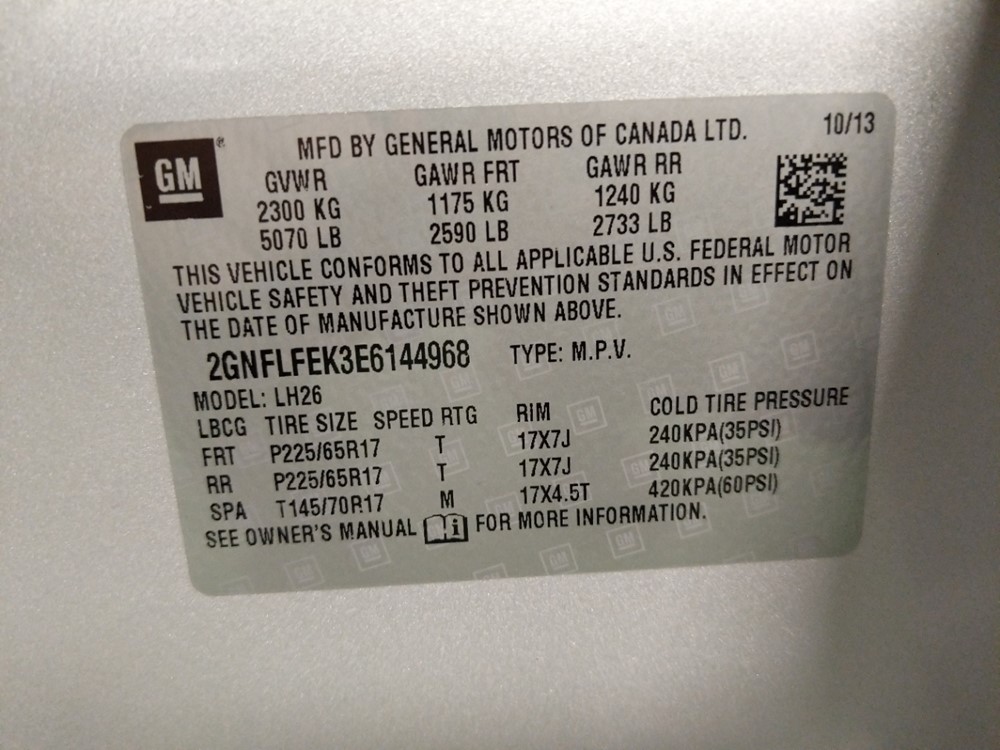2014 Chevrolet Equinox - VIN Plate