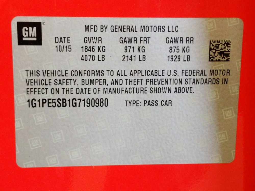 2016 Chevrolet Cruze - VIN Plate