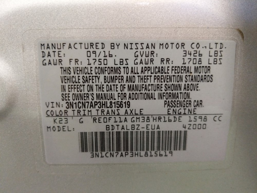 2017 Nissan Versa - VIN Plate