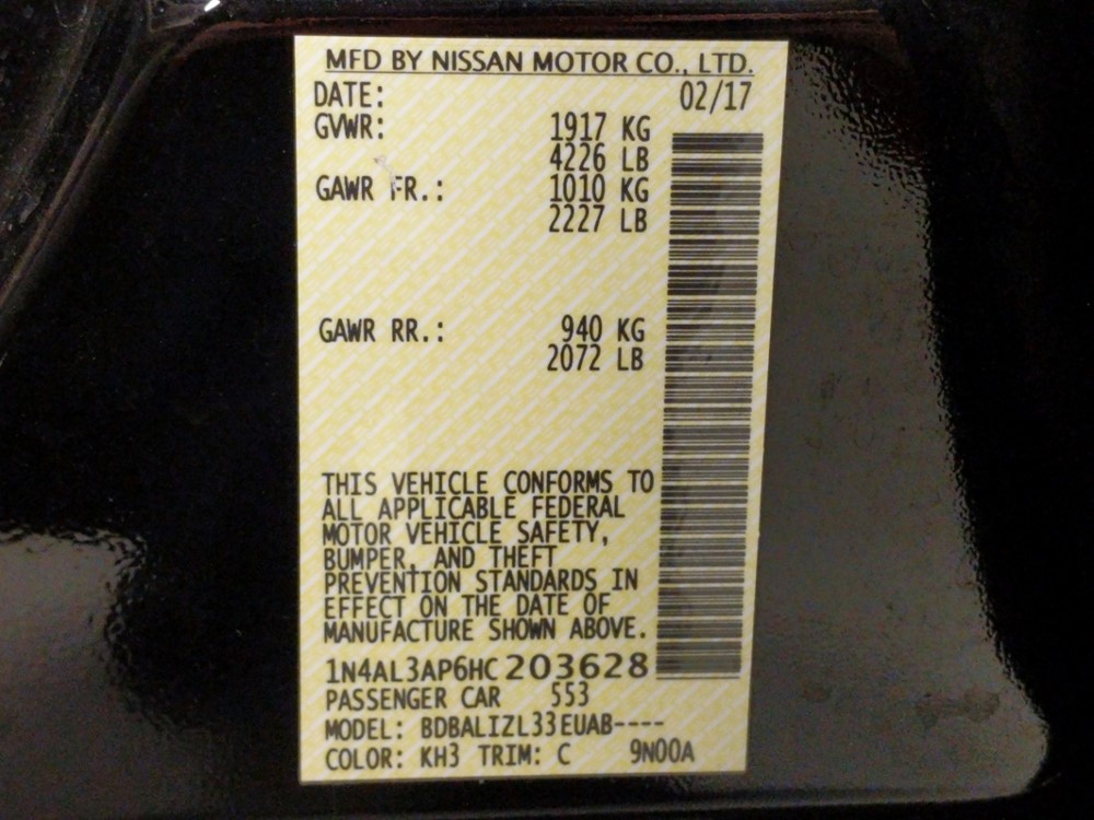 2017 Nissan Altima - VIN Plate