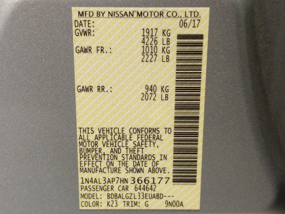 2017 Nissan Altima - VIN Plate