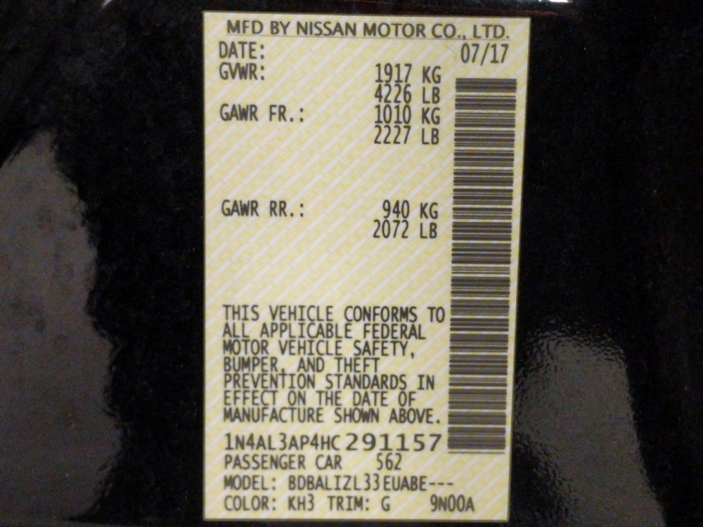 2017 Nissan Altima - VIN Plate