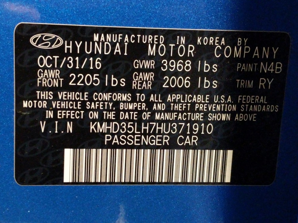 2017 Hyundai Elantra - VIN Plate