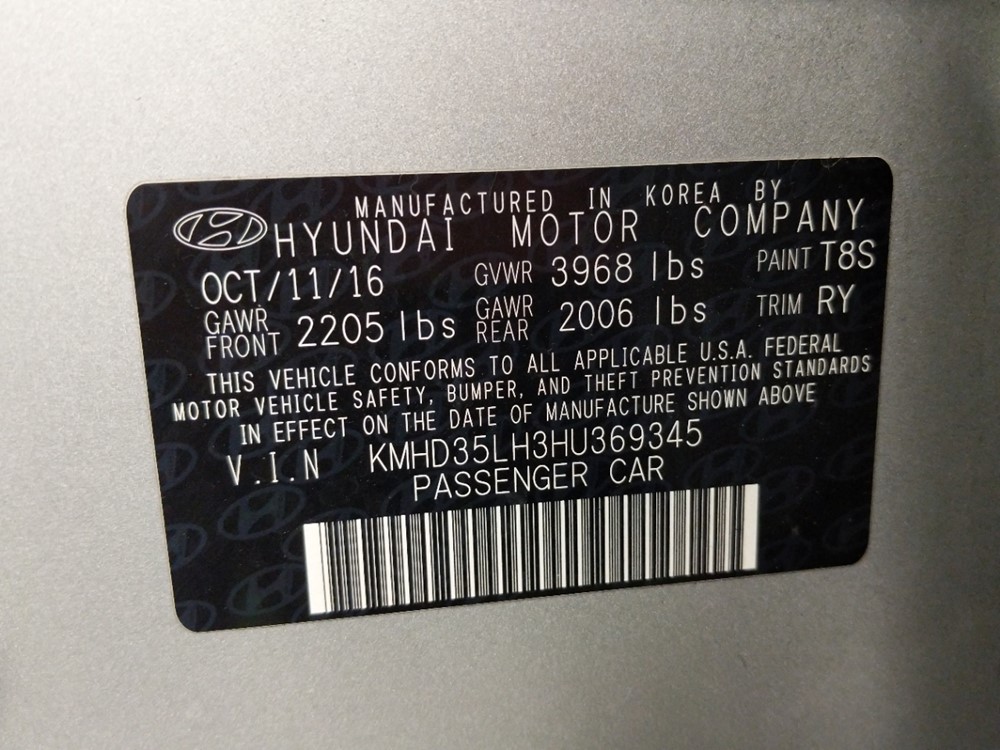 2017 Hyundai Elantra - VIN Plate