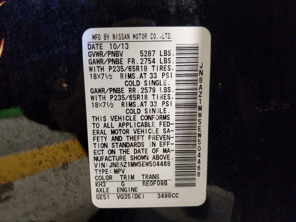 2014 Nissan Murano - VIN Plate