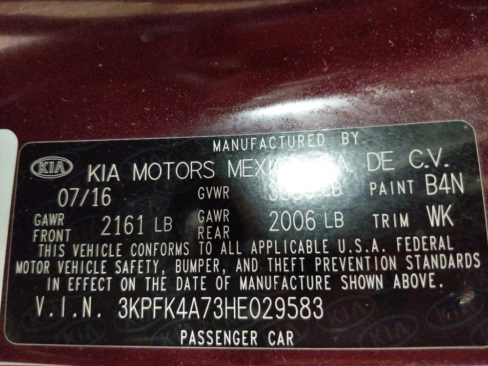 2017 Kia Forte - VIN Plate