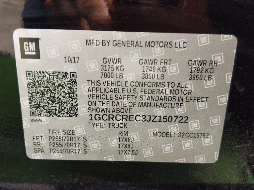 2018 Chevrolet Silverado 1500 - VIN Plate