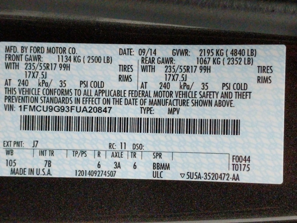 2015 Ford Escape - VIN Plate
